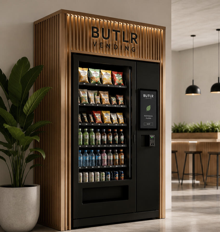Modern BUTLR healthy vending machine in a premium wood-slat surround located in a contemporary office lounge in Sarnia-Lambton.