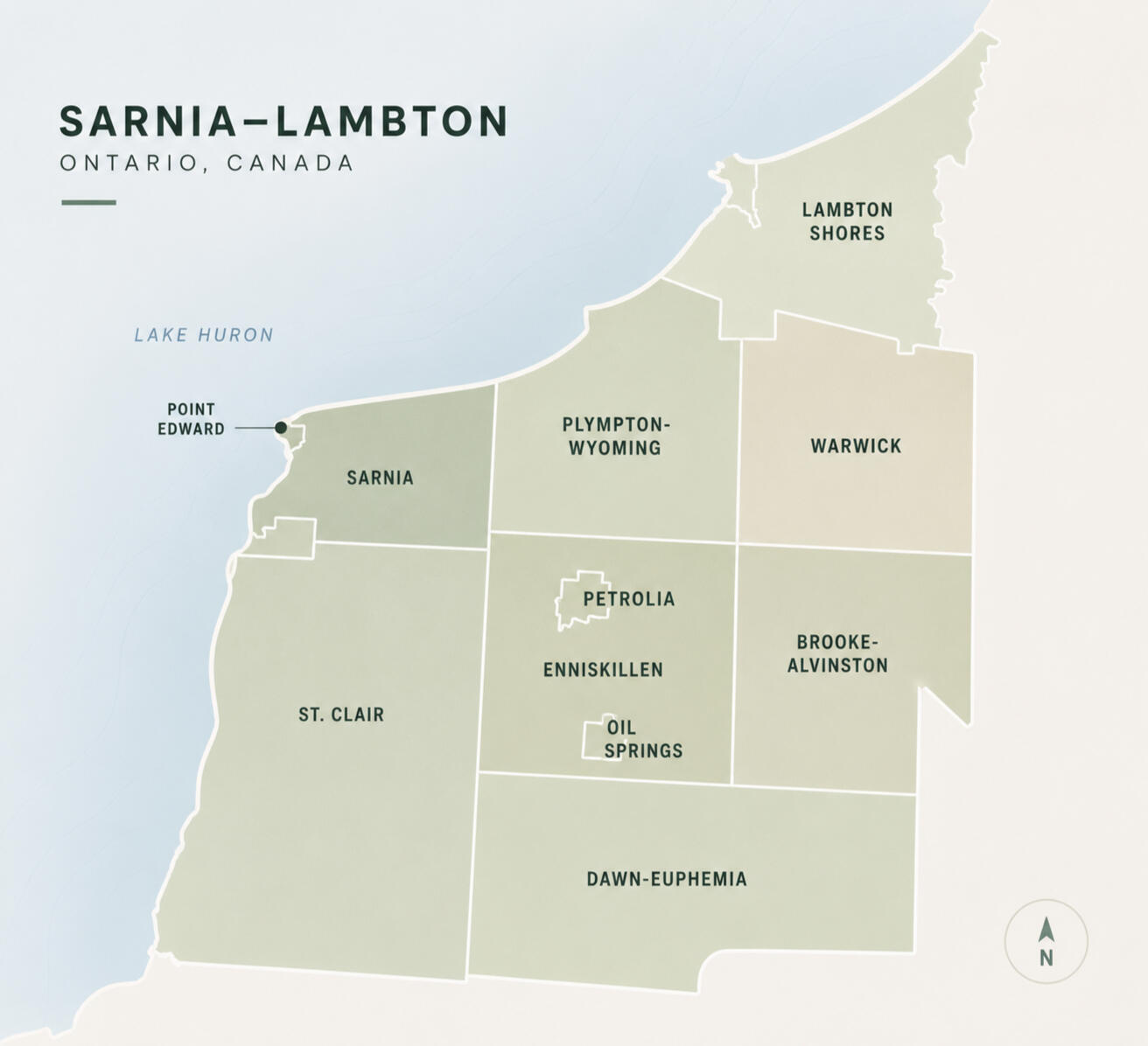 Modern map showing BUTLR Vending's service area throughout Sarnia-Lambton, Ontario.